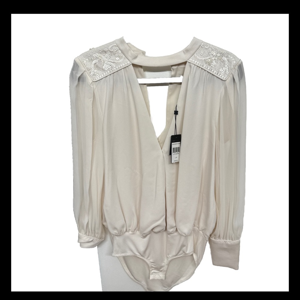 BCBG MAXAZRIA -Faux Wrap Cutout Bodysuit Blouse ,Gardenia White, Satin Silk Sz4